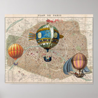 Póster Balões sobre Paris Vintage France Map
