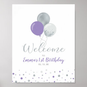 Poster Baloões Prata e Roxo Menina Bem-vinda 1º Aniversár