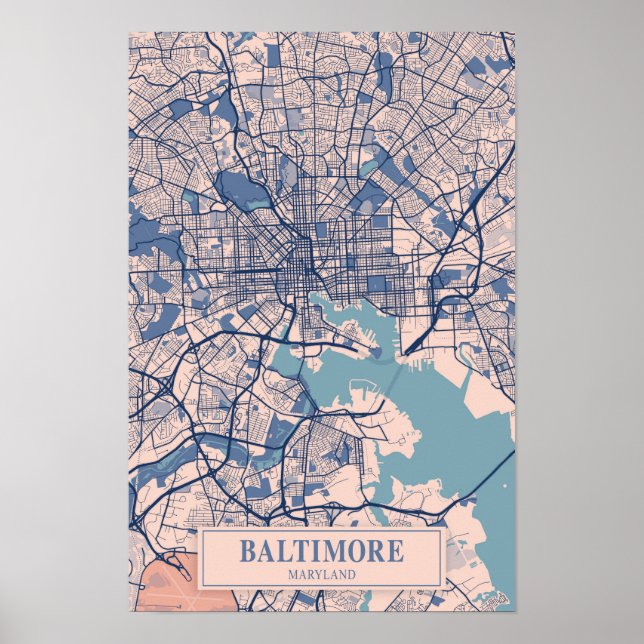 Poster Baltimore Maryland EUA Mapa da Cidade Ventilada Vi (Frente)