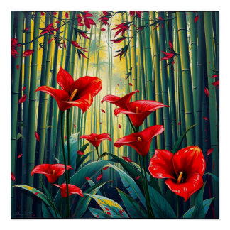 Póster bamboo forest with red callas
