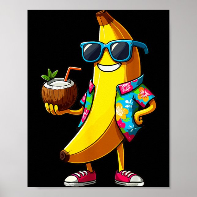 Poster Banana Usando Óculos de Sol Bebendo Coco Verão (Frente)