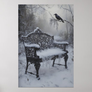Poster Banco de Ferro Vintage Coberto de Neve com Cor Esc