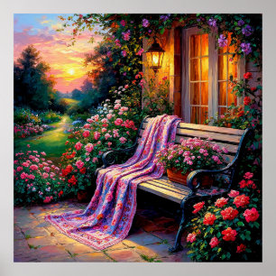 Poster Banco de Jardim Encantador Adornado com Flores