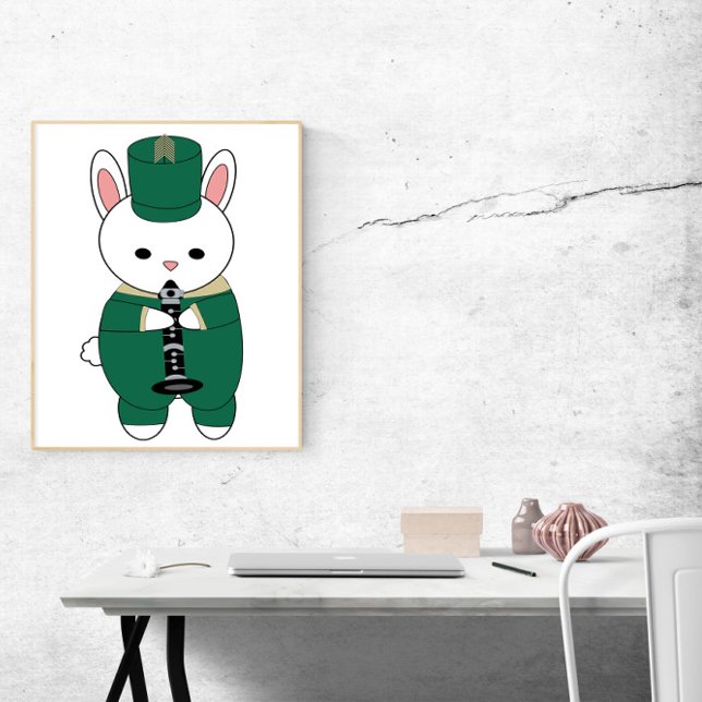 Poster Banda Clarinet Green - Dourado (A poster of a white rabbit playing the clarinet wearing a green & gold marching band uniform.)