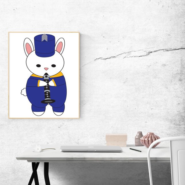 Poster Banda Marcha Clarinet Rabbit Azul Dourado (A poster of a rabbit playing the clarinet in a blue and yellow marching band uniform.)
