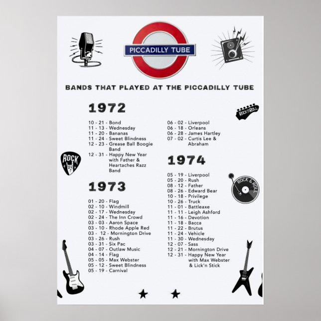 Poster Bandas - Piccadilly Tube 1972 1973 1974 (Frente)