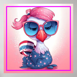 Poster Bandeira Americana com Flamingo Cartoon-69679