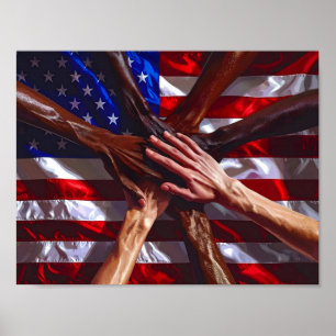 Poster Bandeira Americana com mãos de vários americanos