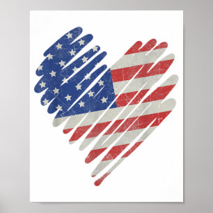 Poster Bandeira Americana Coração Vermelho Branco Azul Fo