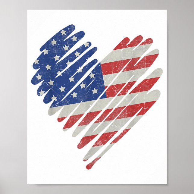 Poster Bandeira Americana Coração Vermelho Branco Azul Fo (Frente)
