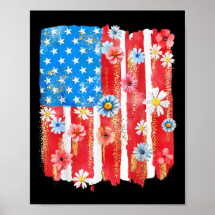 Poster Bandeira Americana de Flor Silvestre Retro Mulhere