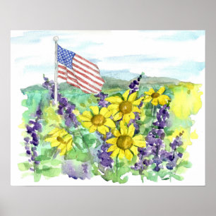 Poster Bandeira Americana Flores Silvestres do Deserto Aq