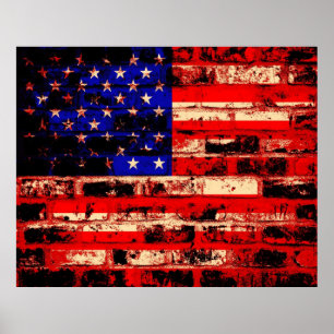 Póster Bandeira americana na parede de tijolo velha