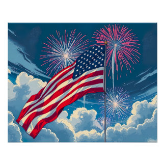 Póster Bandeira Americana Patriótica com Fireworks - 4 de