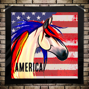 Poster Bandeira Americana Vermelha e Cavalo Azul