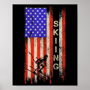 Poster Bandeira Americana Vintage Usa Esquiador Silhueta