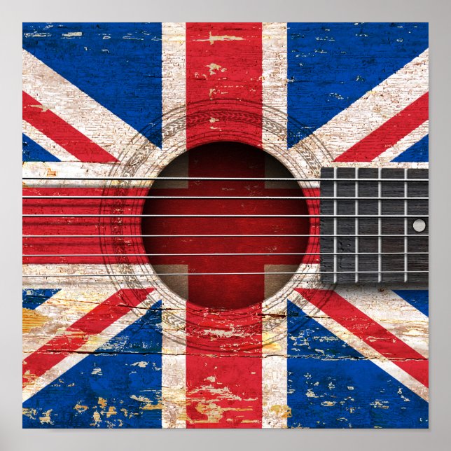 Póster Bandeira britânica na antiga guitarra acústica (Frente)