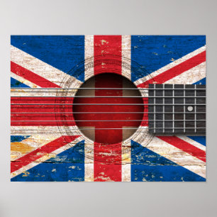 Póster Bandeira britânica na guitarra acústica velha