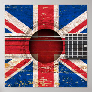 Póster Bandeira britânica na guitarra acústica velha