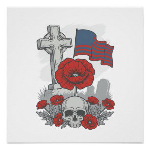 Póster Bandeira Cruz da Papoula Memorial Vetor de Gravura