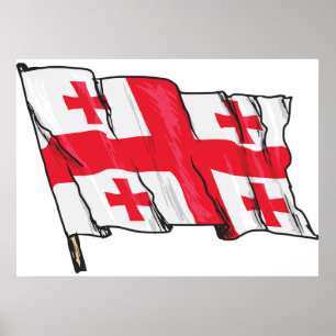 Poster Bandeira da Geórgia Ondulante Vermelha e Branca co