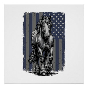Póster Bandeira de Cavalo de Trato Patriótico Vintage Pro