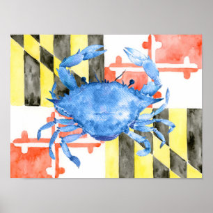 Poster Bandeira de Maryland da aguarela e caranguejo azul