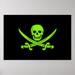 Póster Bandeira de pirata alegre verde de néon de Roger