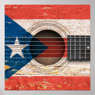 Póster Bandeira de Puerto Rico na guitarra acústica velh