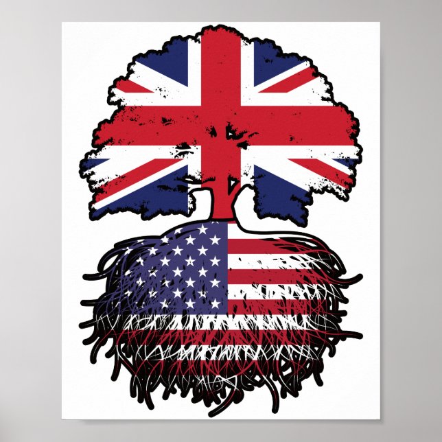 Poster Bandeira de Raízes de Árvore Britânica Americana (Frente)