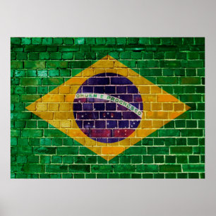 Poster Bandeira do Brasil numa parede de tijolos