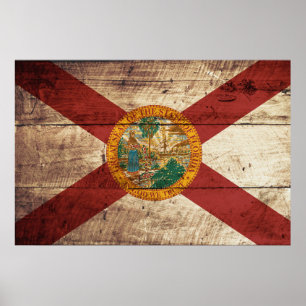 Poster Bandeira do Estado da Flórida em Old Wood Grain