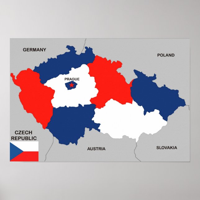 Póster bandeira do mapa político da república checa (Frente)