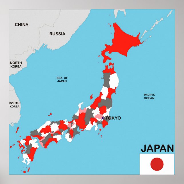 Póster bandeira do mapa político do país japão (Frente)