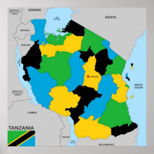 Póster Bandeira do Mapa Político do País Tanzânia