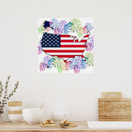 Póster Bandeira dos EUA Mapa e Fogos de Artifício com Tex
