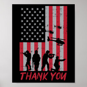 Poster Bandeira dos EUA Soldados Helicóptero Obrigado Dia