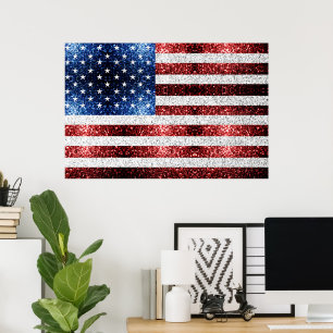 Poster bandeira dos EUA vermelha branca azul faíscas bril