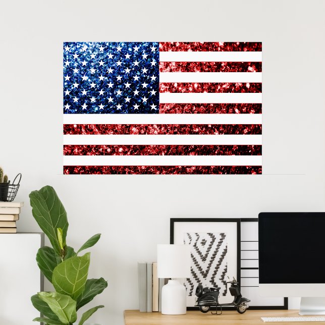 Póster bandeira dos EUA vermelha e azul com brilhos (Escritório em casa)