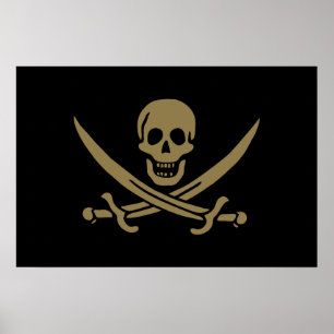 Poster Bandeira Dourada do Caveira e Espadas Pirata de Ca