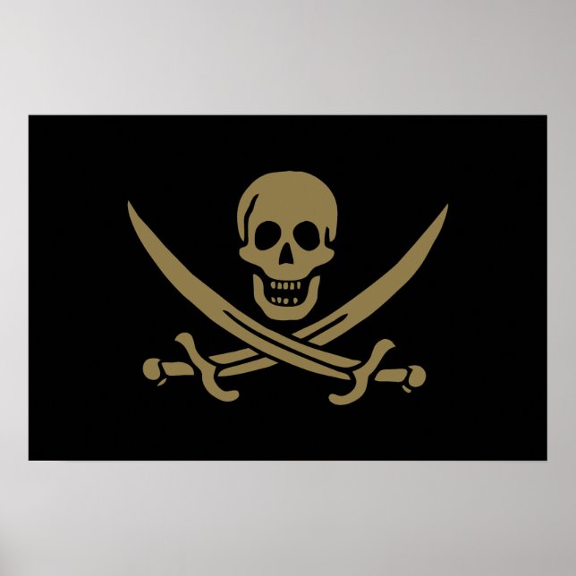 Poster Bandeira Dourada do Caveira e Espadas Pirata de Ca (Frente)