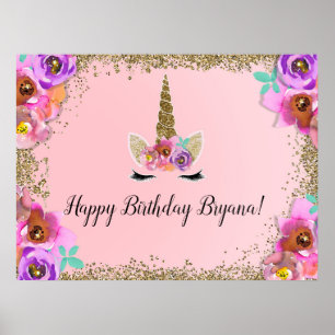 Póster Bandeira Dourado floral do aniversário do