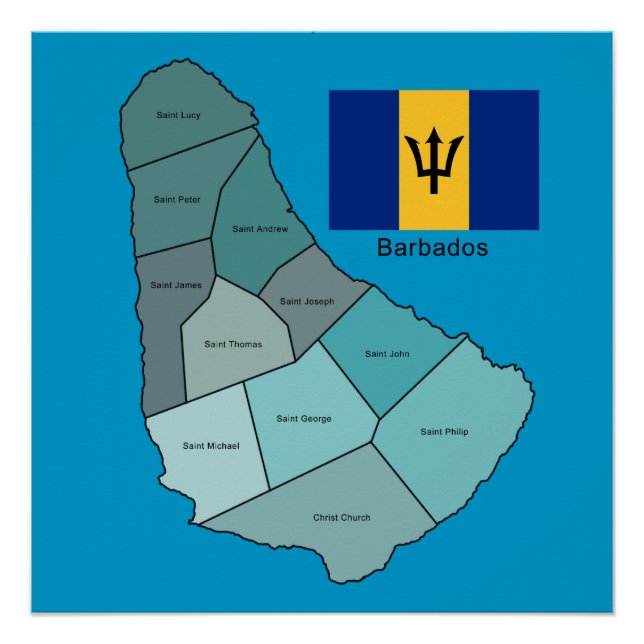 Póster Bandeira e mapa dos Barbados (Frente)