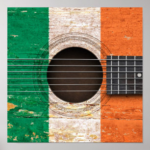 Póster Bandeira irlandesa na guitarra acústica velha