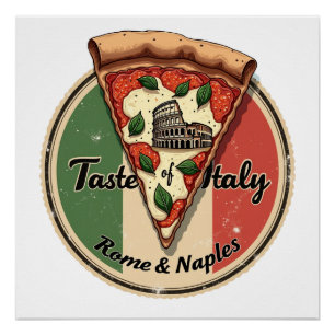 Póster Bandeira italiana com a pizza Vintage Roma & Nápol
