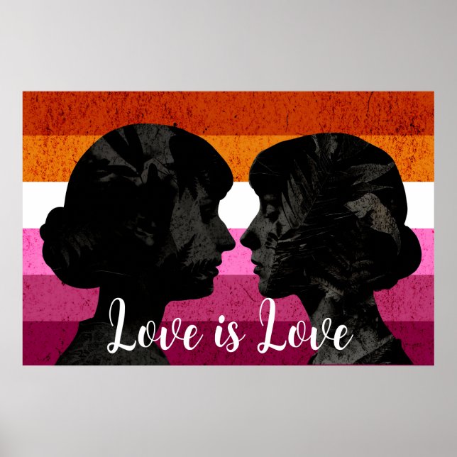 Poster Bandeira Lésbica com Duas Mulheres Silhouettes (Frente)