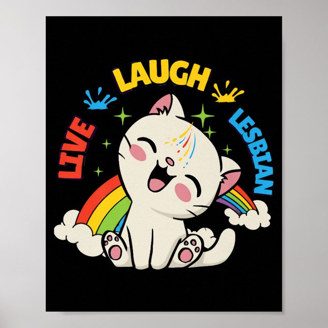 Poster Bandeira Lésbica Viva Ri Gato Arco-íris Mês do Org (Frente)
