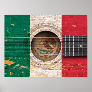 Poster Bandeira mexicana na guitarra acústica velha