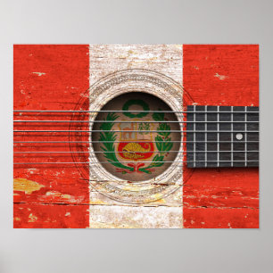 Póster Bandeira peruana na guitarra acústica velha