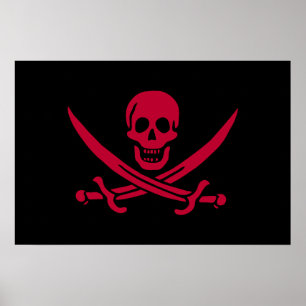 Poster Bandeira pirata da Caveira Vermelha e Espadas de C